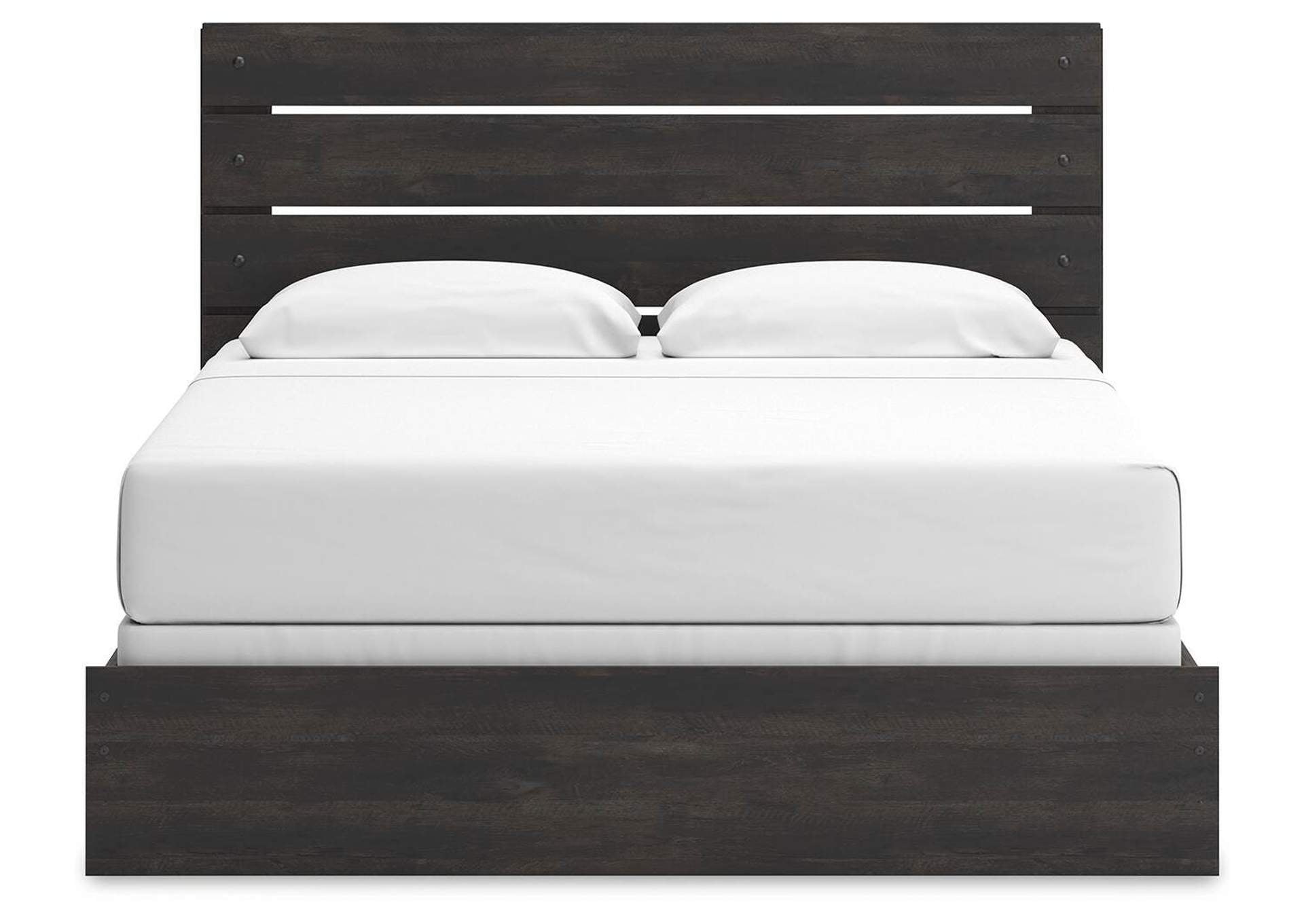 Delmorta King Panel Bed, Dresser, Mirror, Chest and Nightstand front view