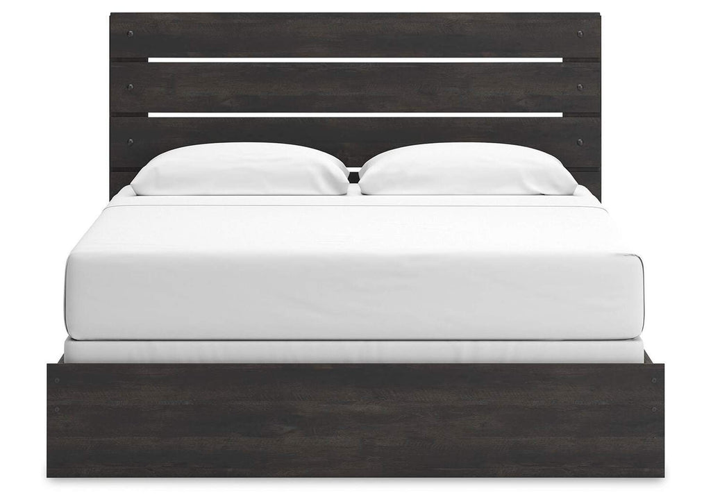 Delmorta King Panel Bed, Dresser, Mirror, Chest and 2 Nightstands front view