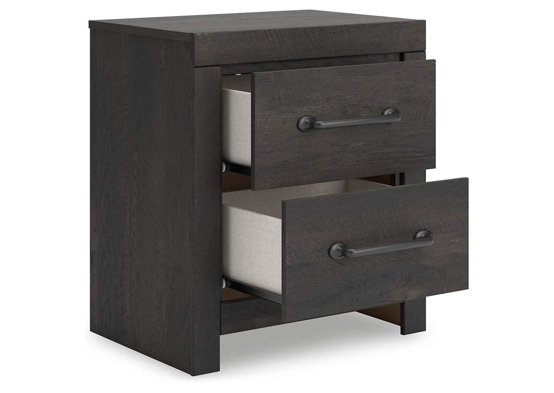 Delmorta Full Panel Storage Bed, Dresser, Mirror and 2 Nightstands angled view