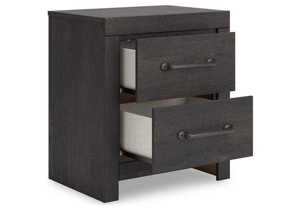 Delmorta Full Panel Bed, Dresser and Nightstand angled view