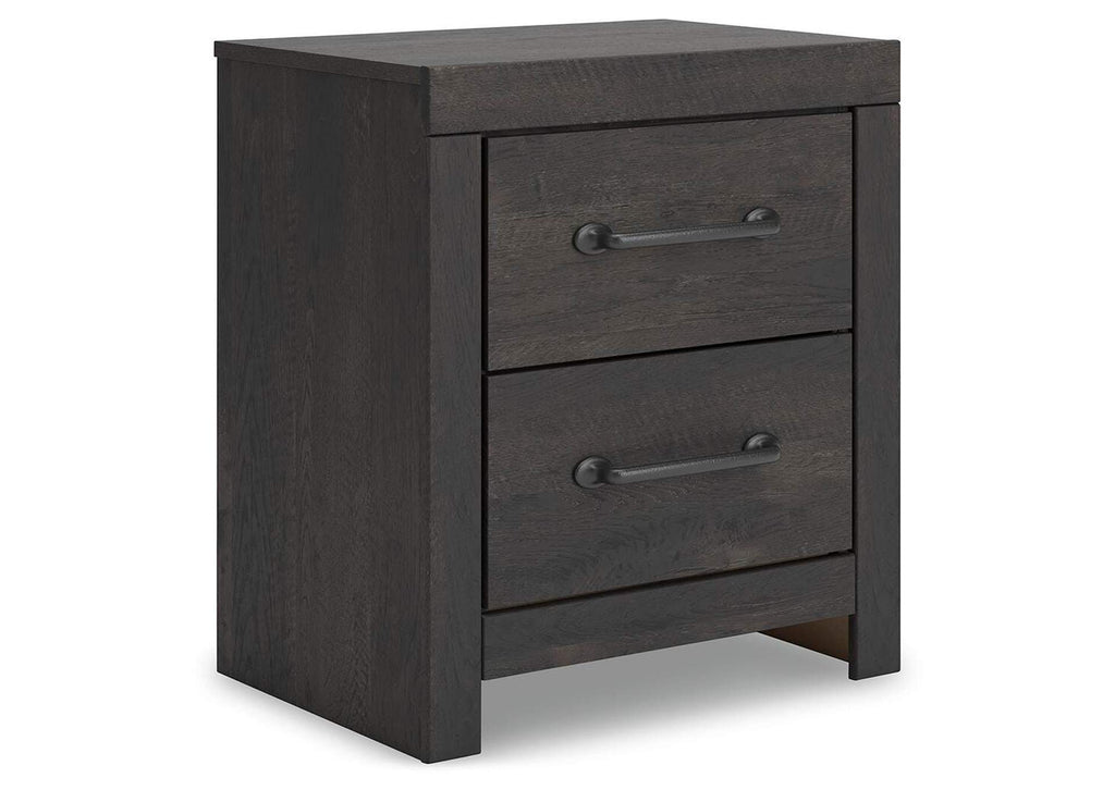 Delmorta Queen Panel Bed, Dresser, Mirror, Chest and Nightstand angled view