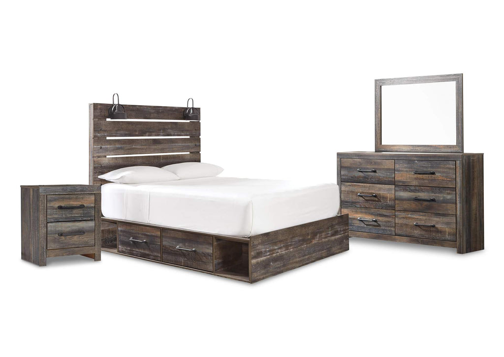 Drystan Queen Panel Bed with 2 Storage Drawers with Mirrored Dresser and Nightstand