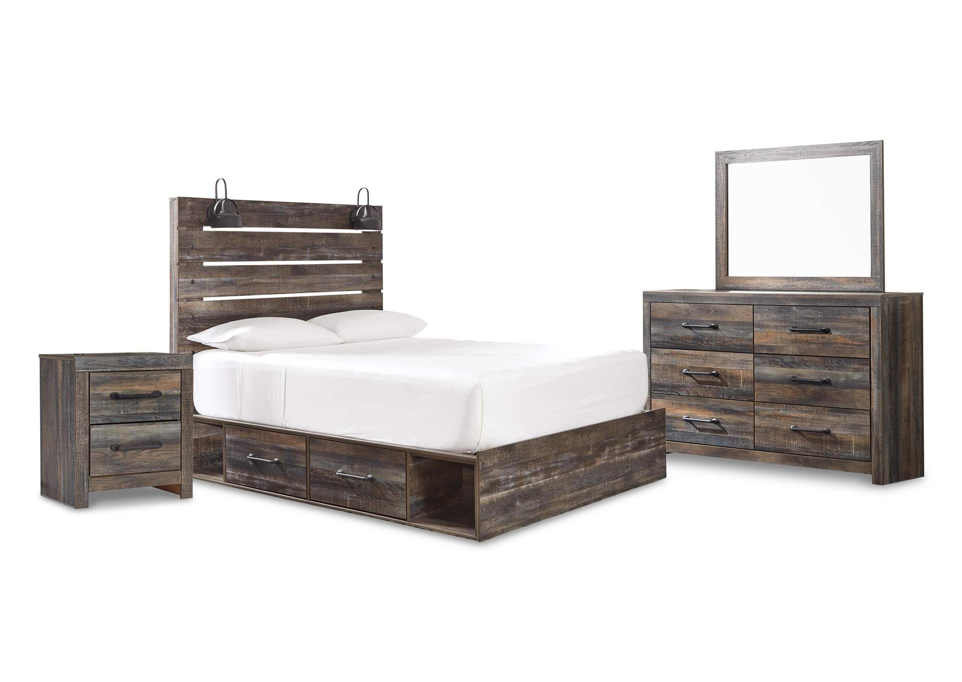Drystan Queen Panel Bed with 2 Storage Drawers with Mirrored Dresser and Nightstand