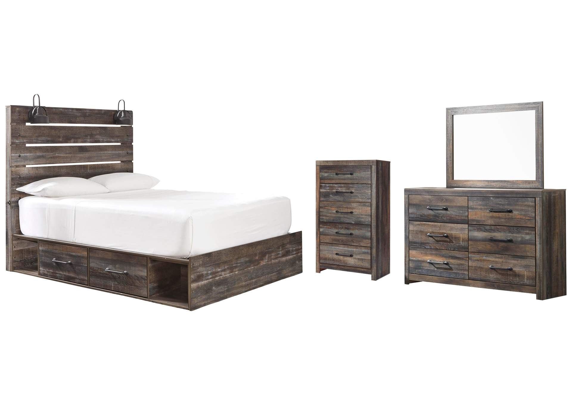 Drystan Twin Panel Bed with 2 Storage Drawers with Mirrored Dresser and Chest