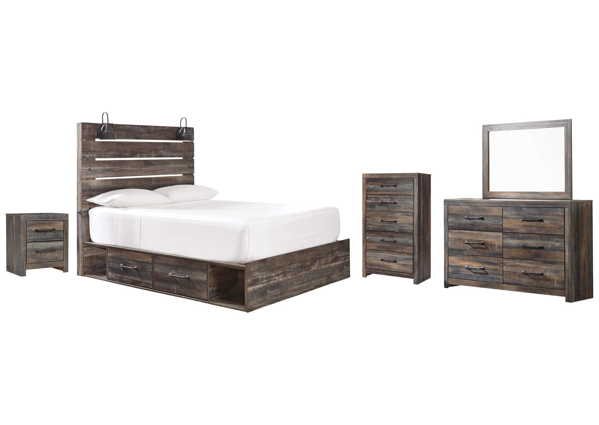 Drystan Twin Panel Bed with 2 Storage Drawers with Mirrored Dresser, Chest and Nightstand