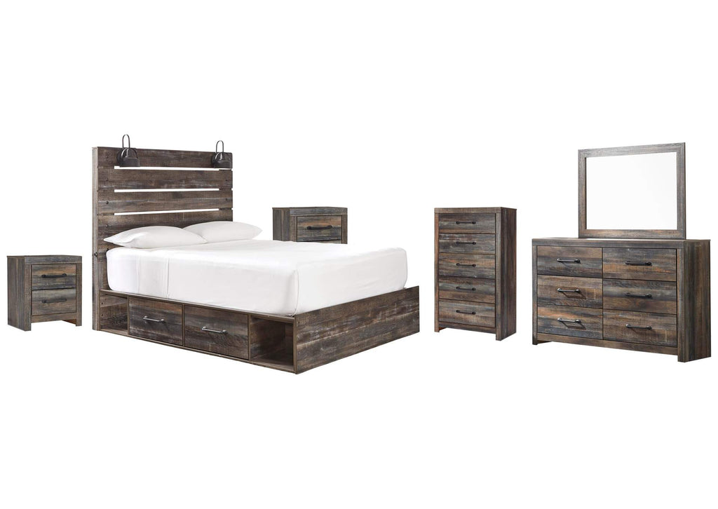 Drystan Twin Panel Bed with 2 Storage Drawers with Mirrored Dresser, Chest and 2 Nightstands