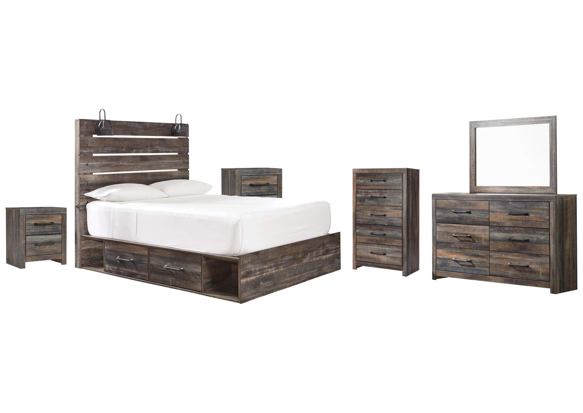 Drystan Twin Panel Bed with 2 Storage Drawers with Mirrored Dresser, Chest and 2 Nightstands