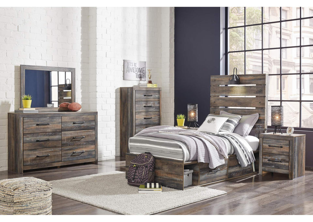 Drystan Twin Panel Bed with 4 Storage Drawers, Dresser, Mirror, Chest and 2 Nightstands