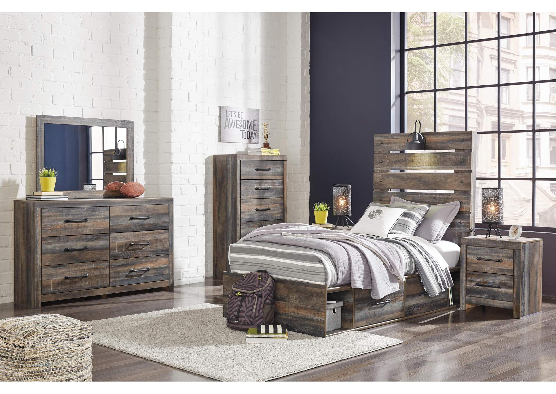 Drystan Twin Panel Headboard Bed with Mirrored Dresser, Chest and Nightstand