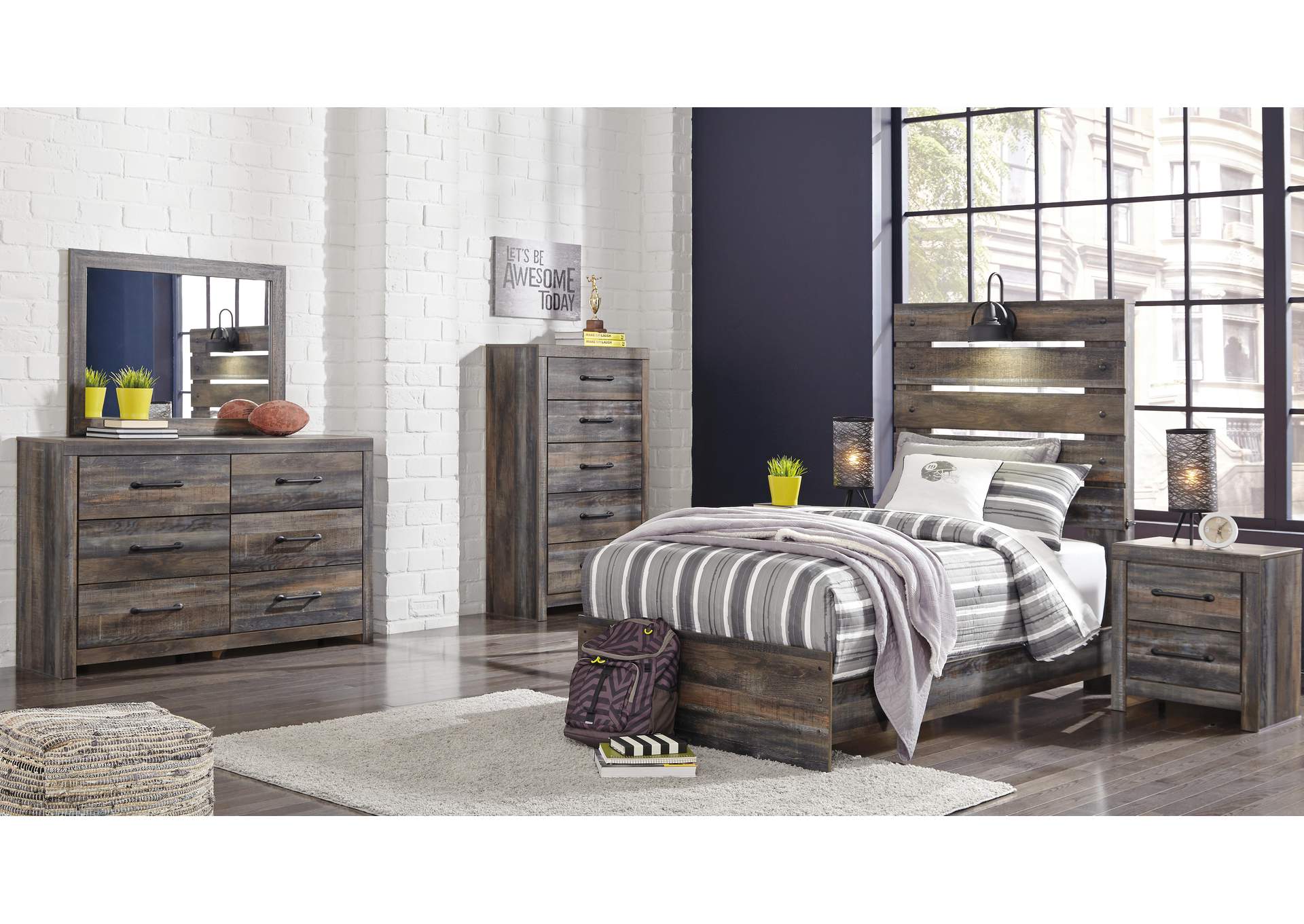 Drystan Twin Panel Bed, Dresser, Mirror, Chest and 2 Nightstands