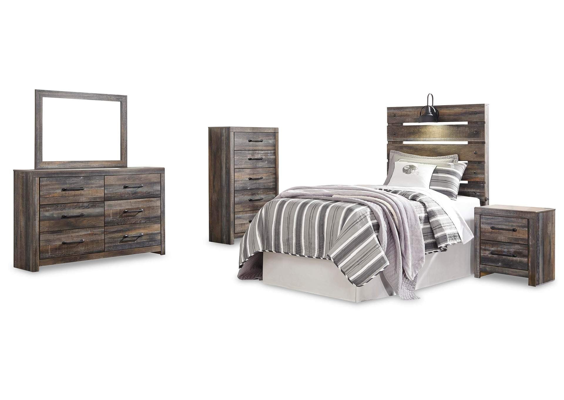 Drystan Twin Panel Headboard Bed with Mirrored Dresser, Chest and Nightstand