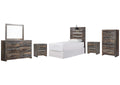 Drystan Twin Panel Headboard Bed with Mirrored Dresser, Chest and 2 Nightstands