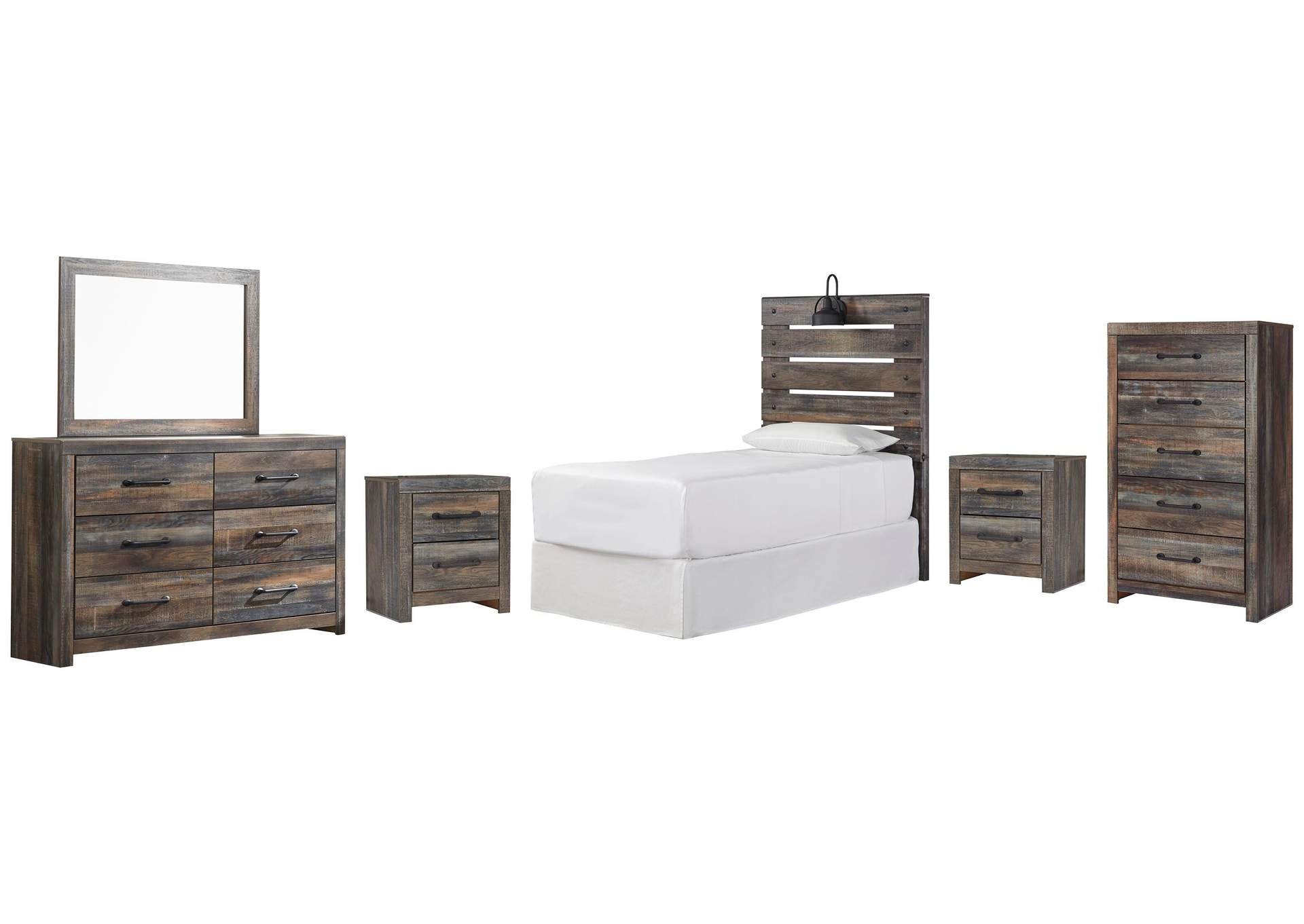 Drystan Twin Panel Headboard Bed with Mirrored Dresser, Chest and 2 Nightstands