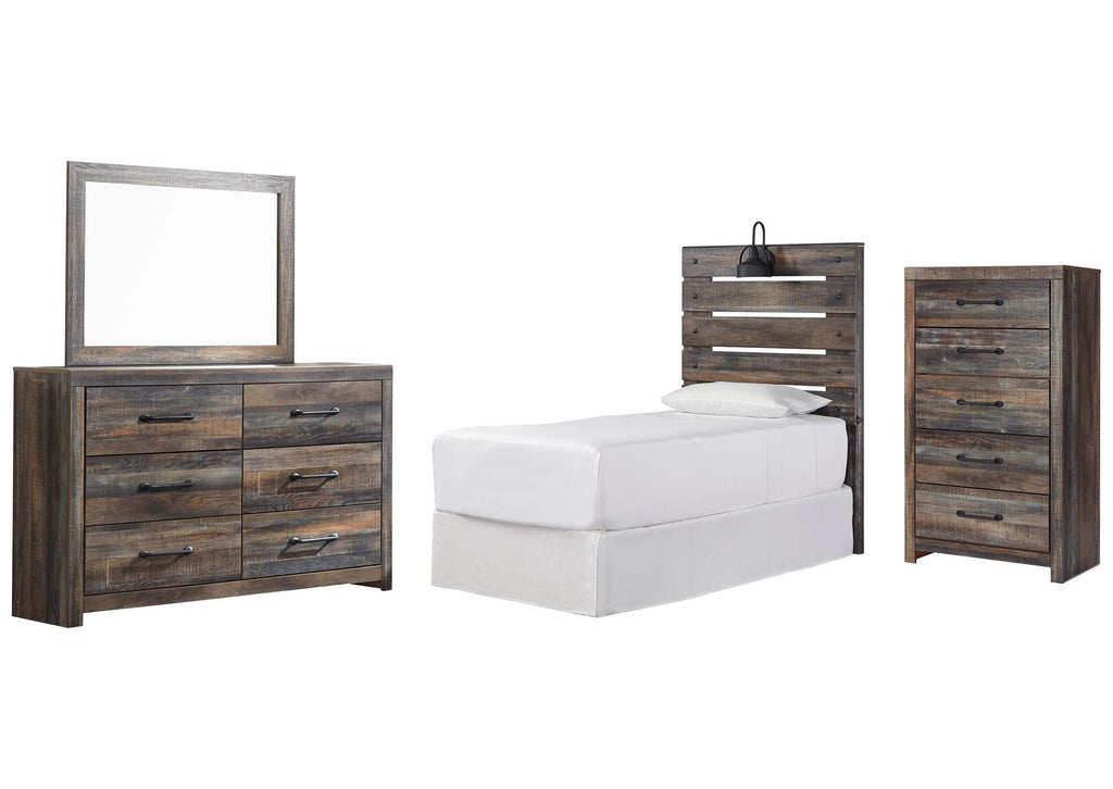 Drystan Twin Panel Headboard Bed with Mirrored Dresser and Chest