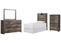 Drystan Twin Panel Headboard Bed with Mirrored Dresser and Chest