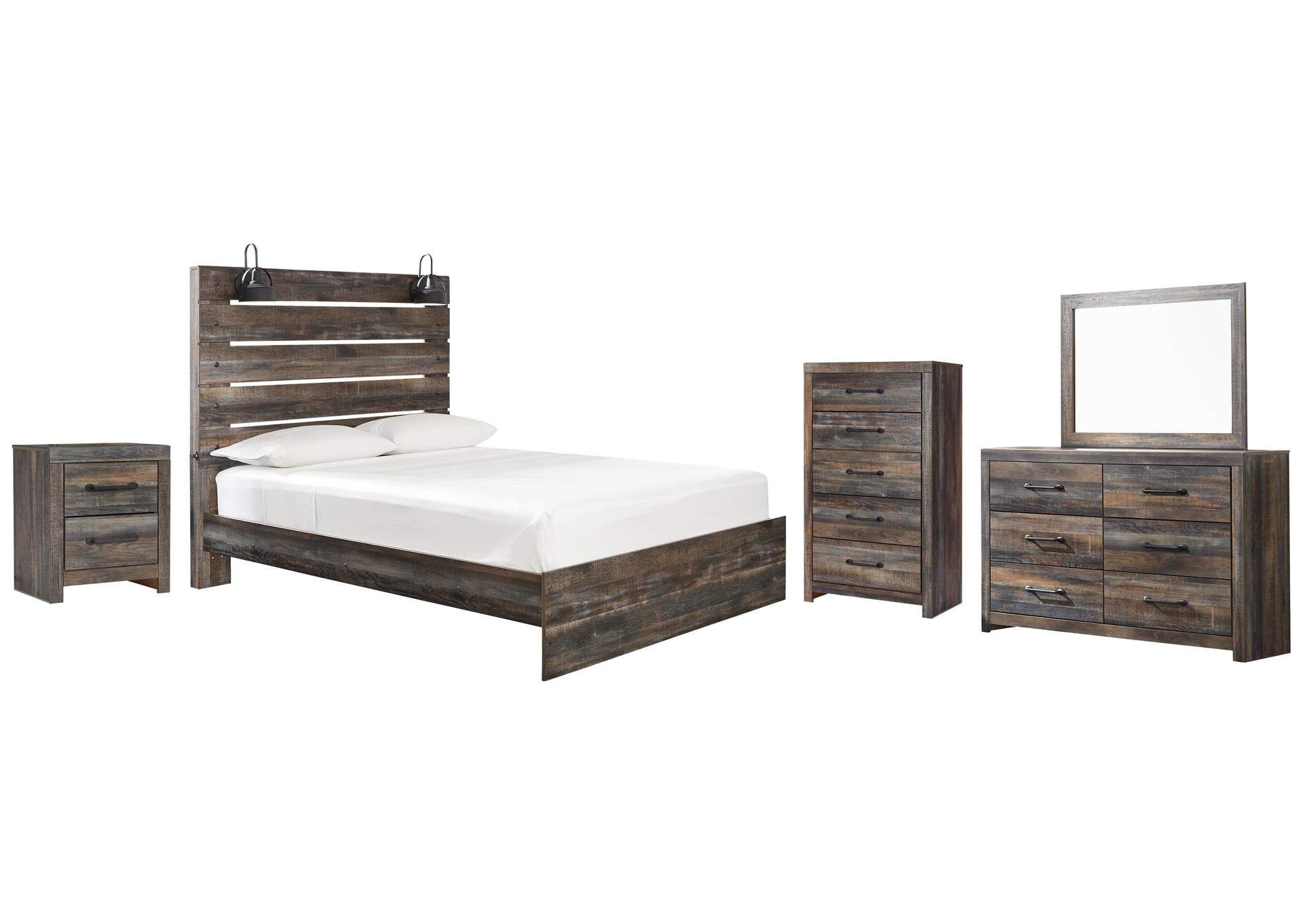 Drystan Queen Panel Bed with Mirrored Dresser, Chest and Nightstand