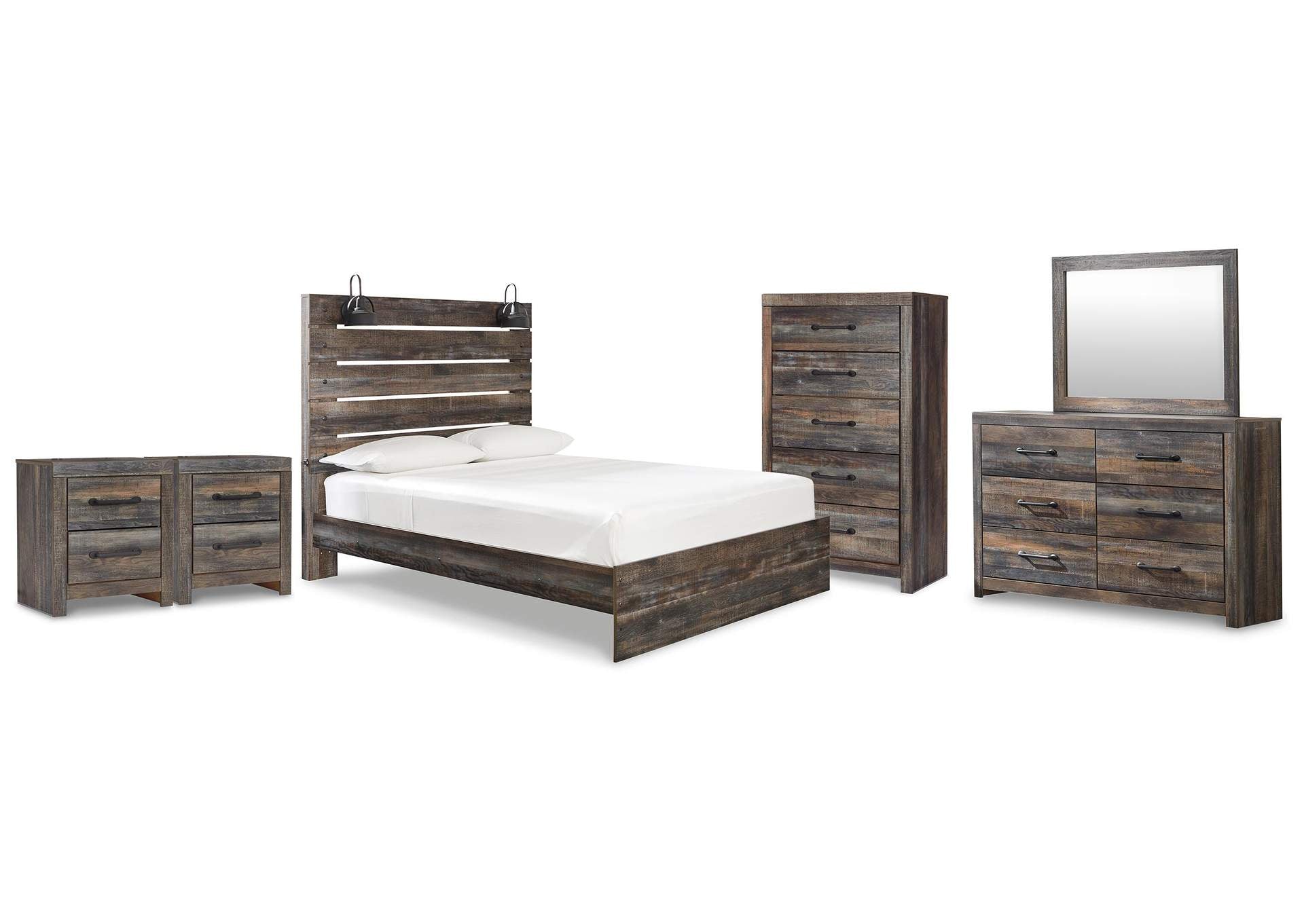 Drystan Queen Panel Bed with Mirrored Dresser, Chest and 2 Nightstands