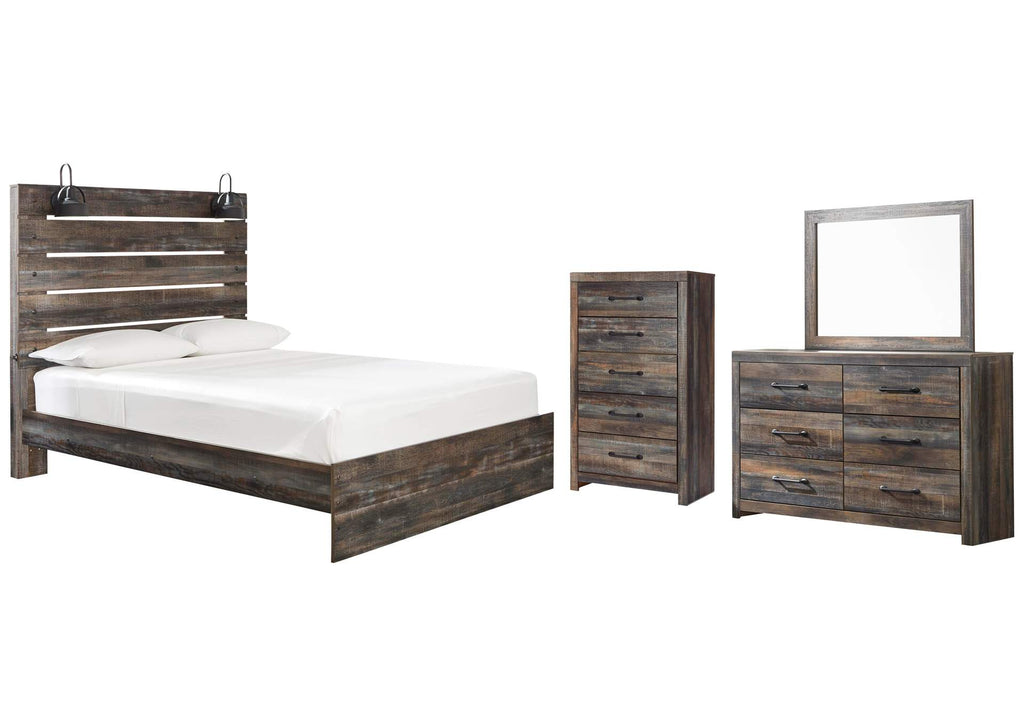 Drystan Queen Panel Bed with Mirrored Dresser and Chest
