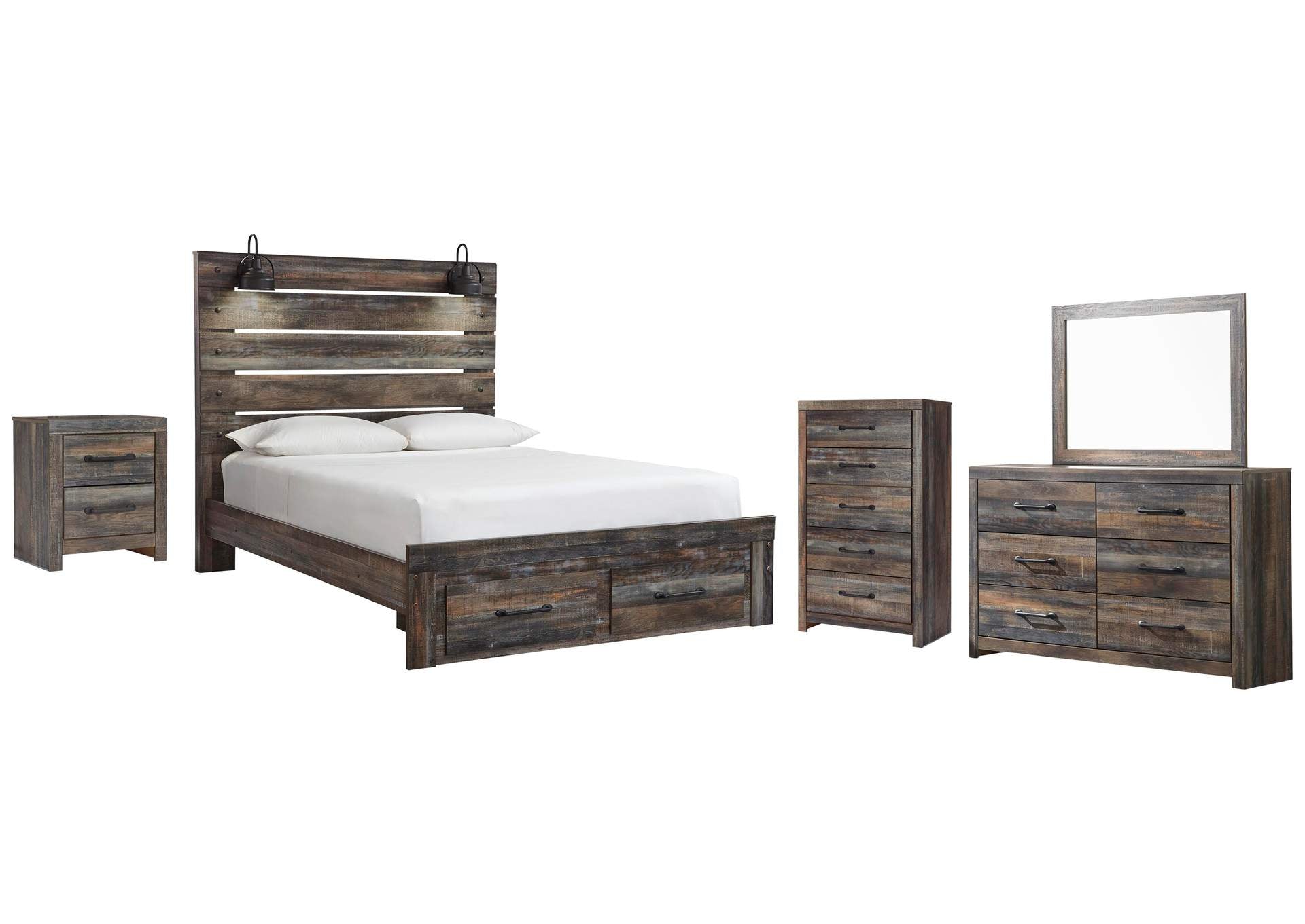 Drystan Queen Panel Bed with 2 Storage Drawers with Mirrored Dresser, Chest and Nightstand