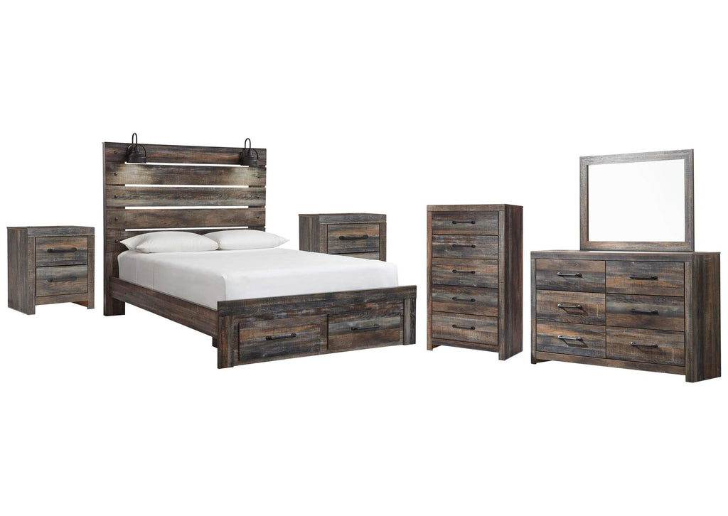 Drystan Queen Panel Bed with 2 Storage Drawers with Mirrored Dresser, Chest and 2 Nightstands