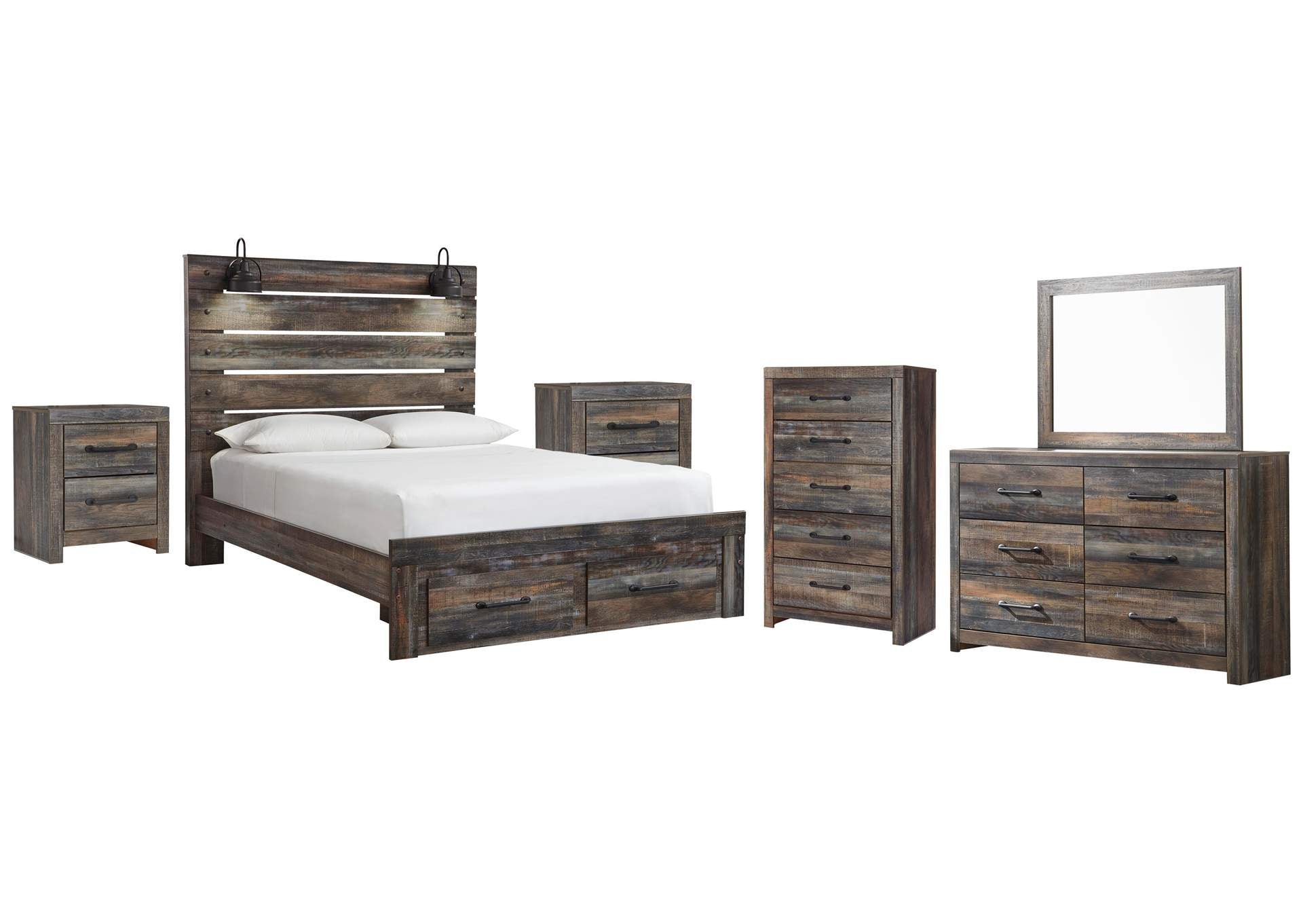 Drystan Queen Panel Bed with 2 Storage Drawers with Mirrored Dresser, Chest and 2 Nightstands
