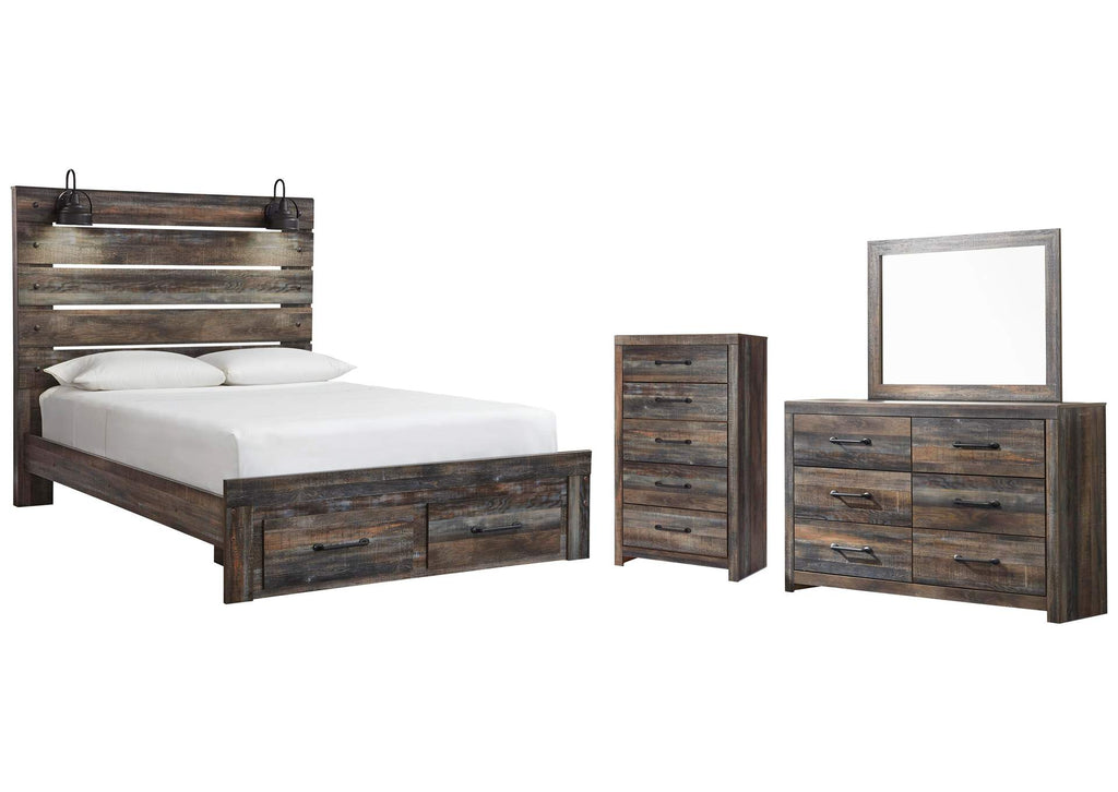 Drystan Queen Panel Bed with 2 Storage Drawers with Mirrored Dresser and Chest