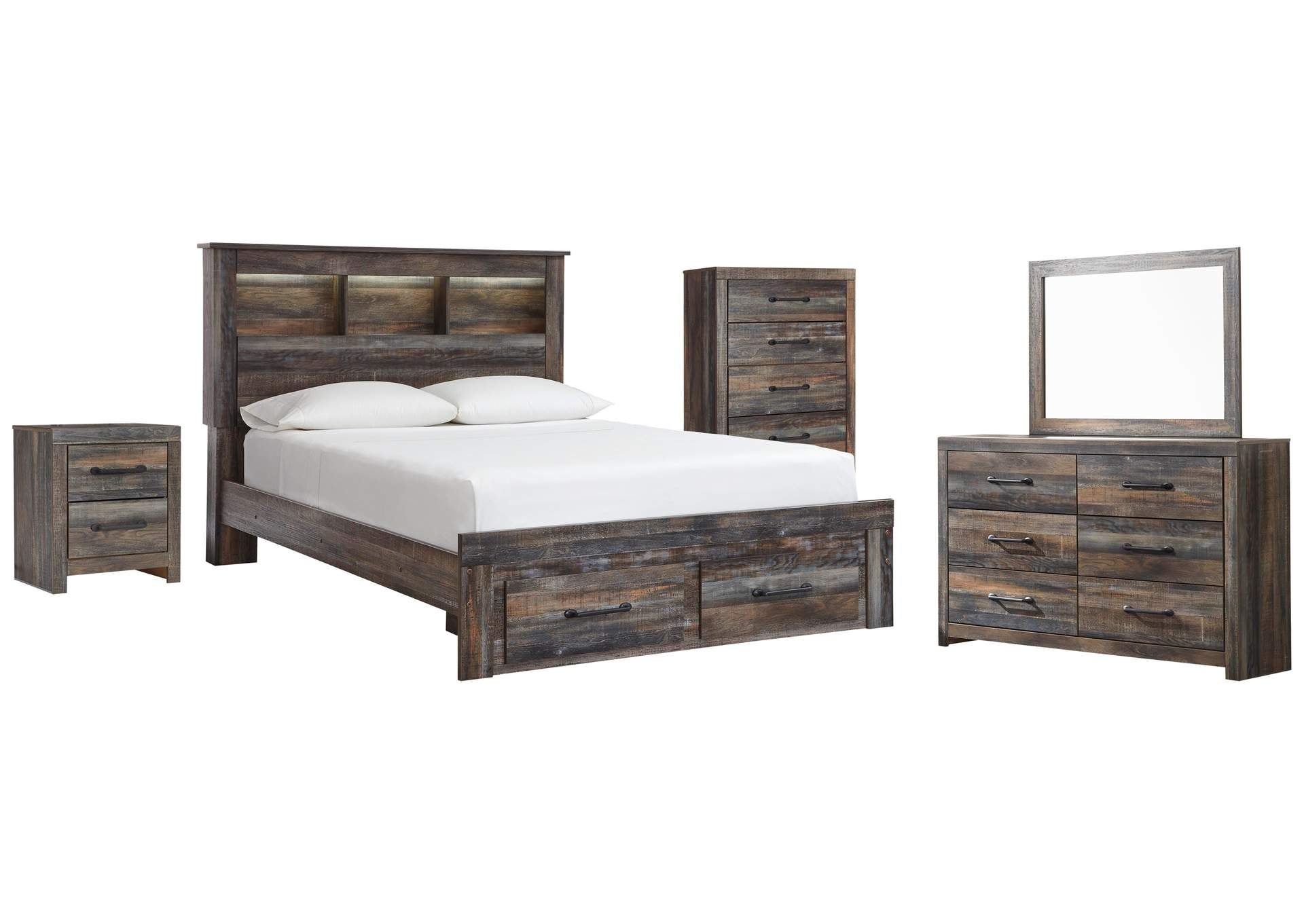 Drystan Queen Bookcase Bed with 2 Storage Drawers with Mirrored Dresser, Chest and Nightstand