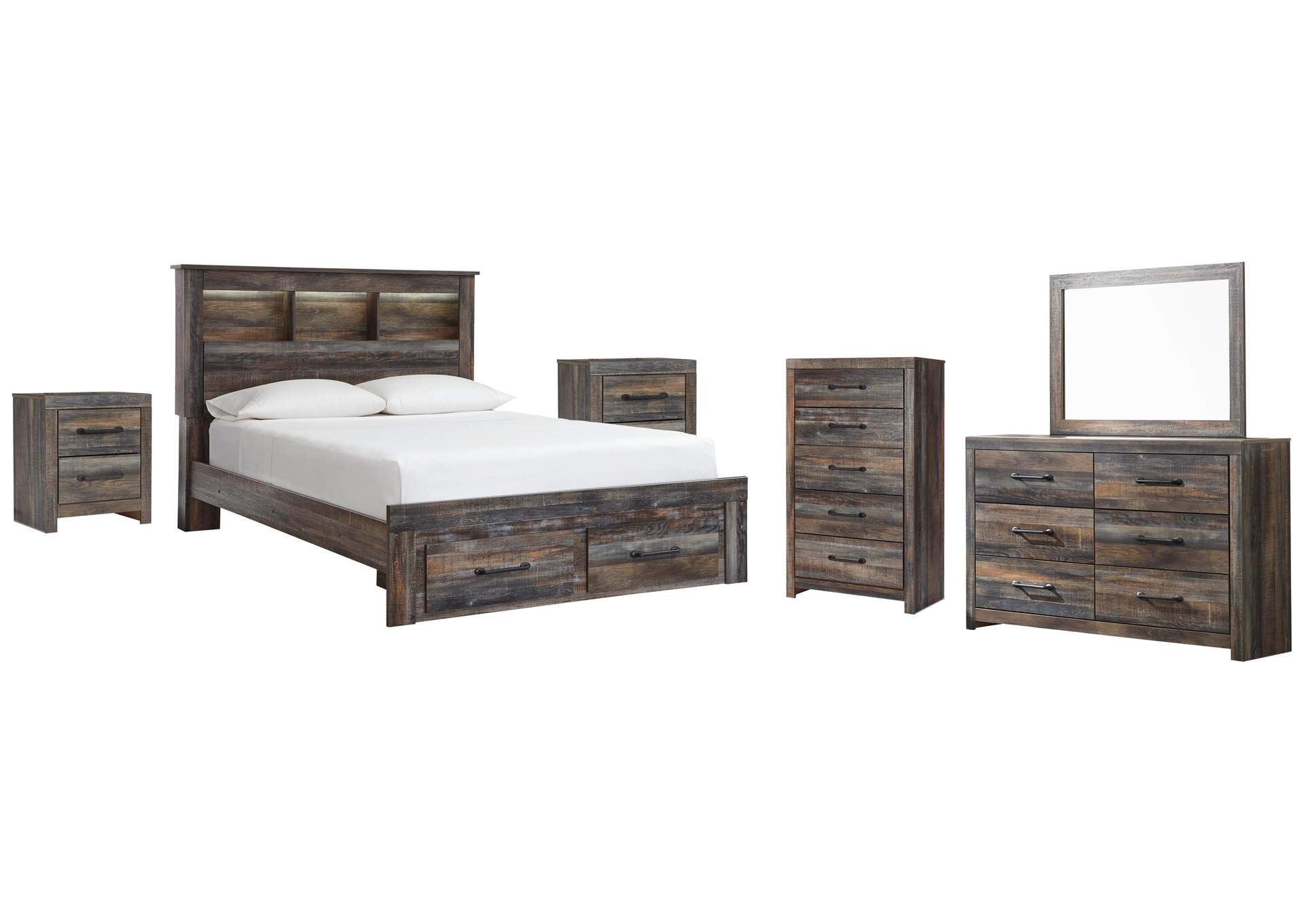 Drystan Queen Bookcase Bed with 2 Storage Drawers with Mirrored Dresser, Chest and 2 Nightstands
