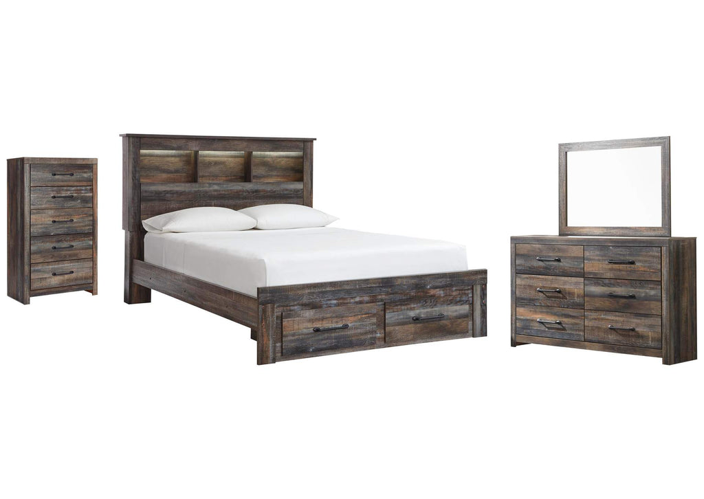 Drystan Queen Bookcase Bed with 2 Storage Drawers with Mirrored Dresser and Chest