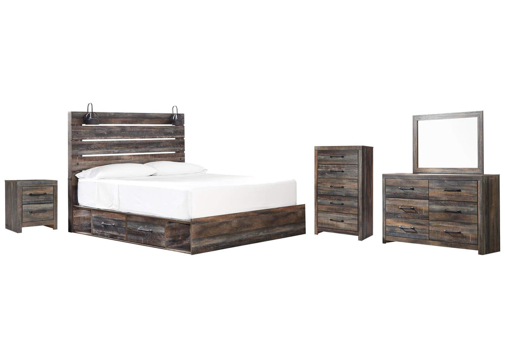 Drystan King Panel Bed with 4 Storage Drawers with Mirrored Dresser, Chest and Nightstand