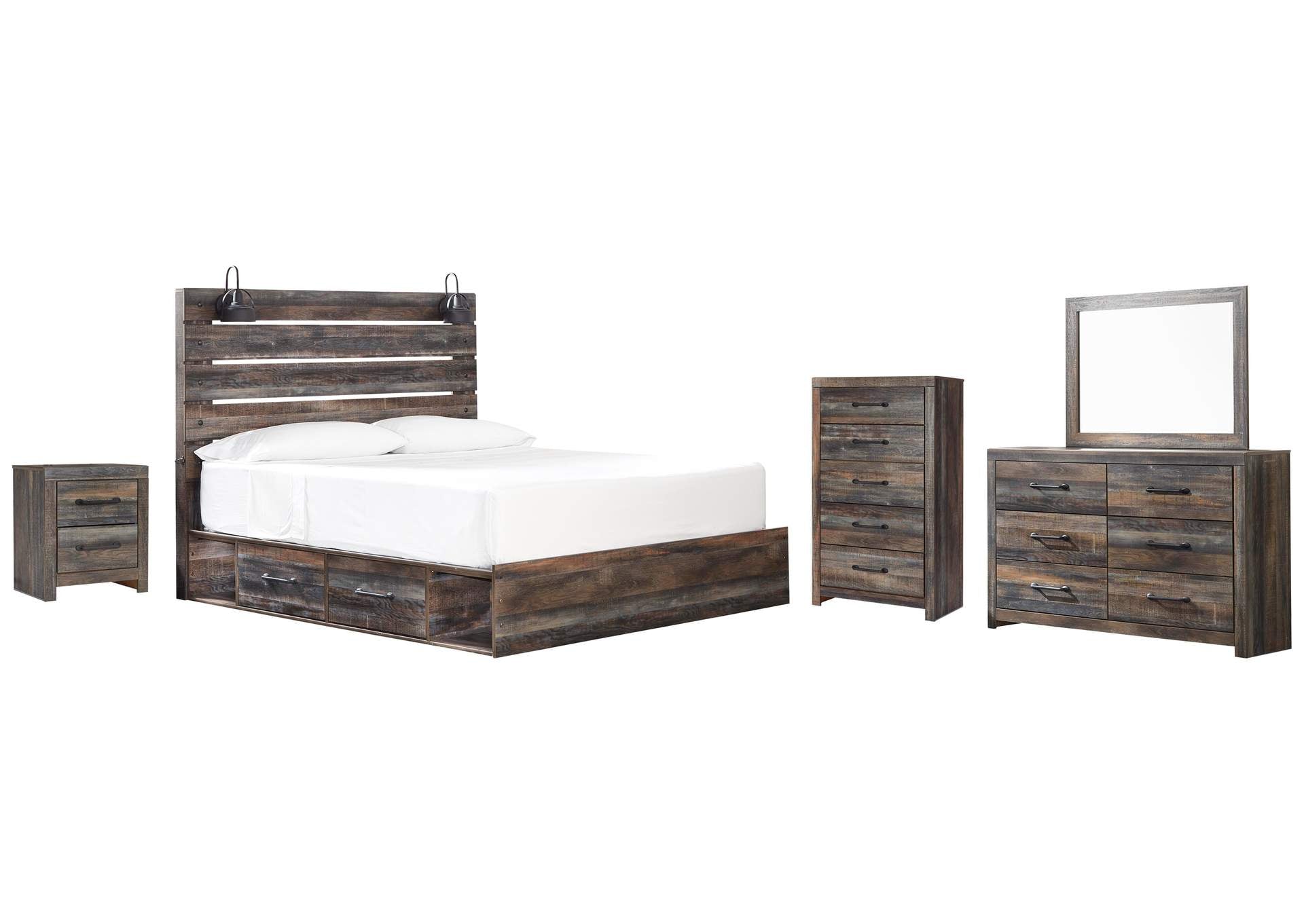 Drystan King Panel Bed with 4 Storage Drawers with Mirrored Dresser, Chest and Nightstand