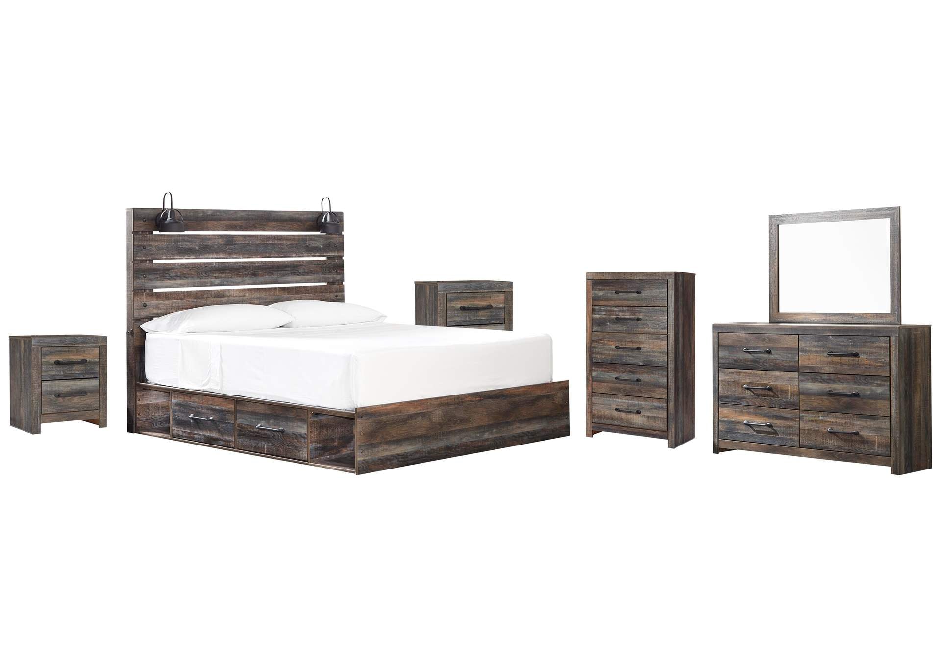Drystan King Panel Bed with 4 Storage Drawers with Mirrored Dresser, Chest and 2 Nightstands
