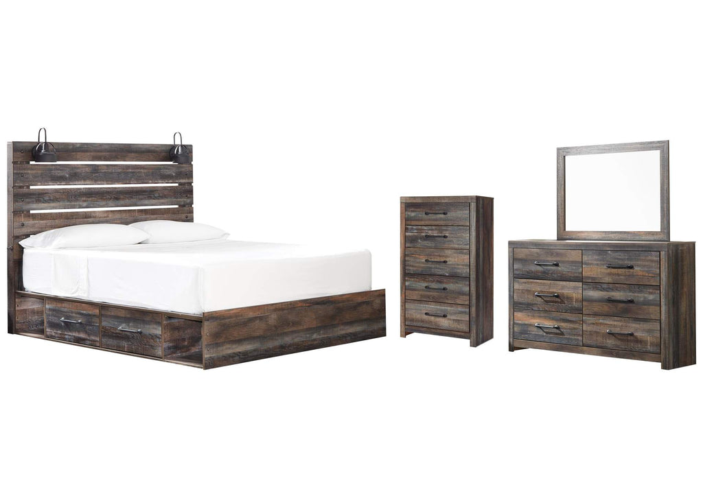 Drystan King Panel Bed with 4 Storage Drawers with Mirrored Dresser and Chest