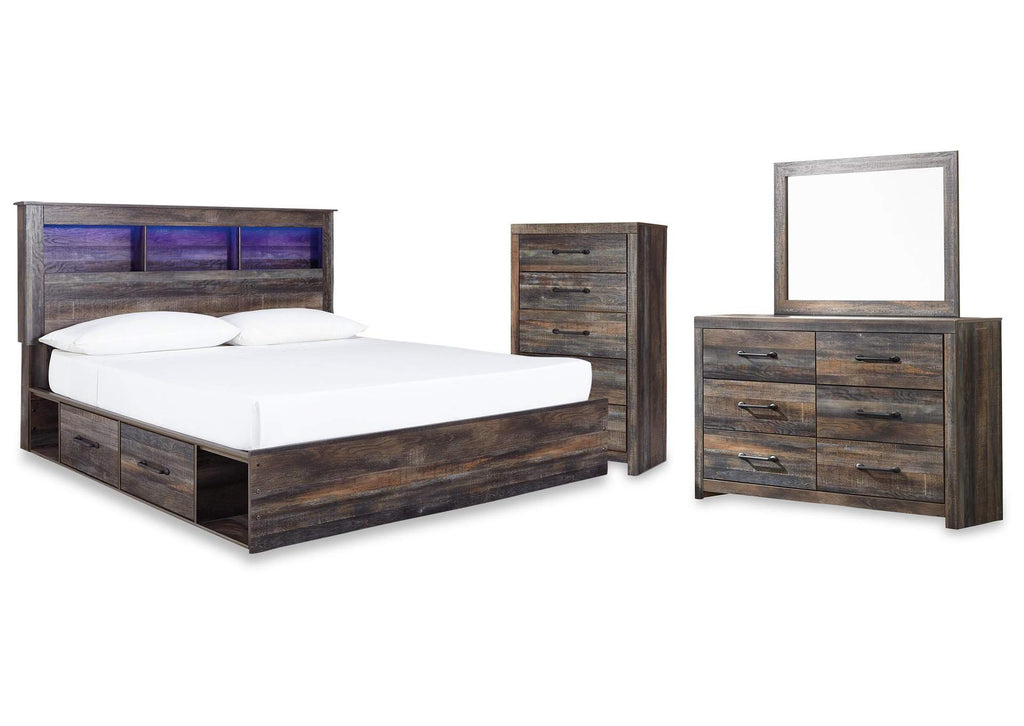 Drystan King Bookcase Bed with 2 Storage Drawers with Mirrored Dresser and Chest