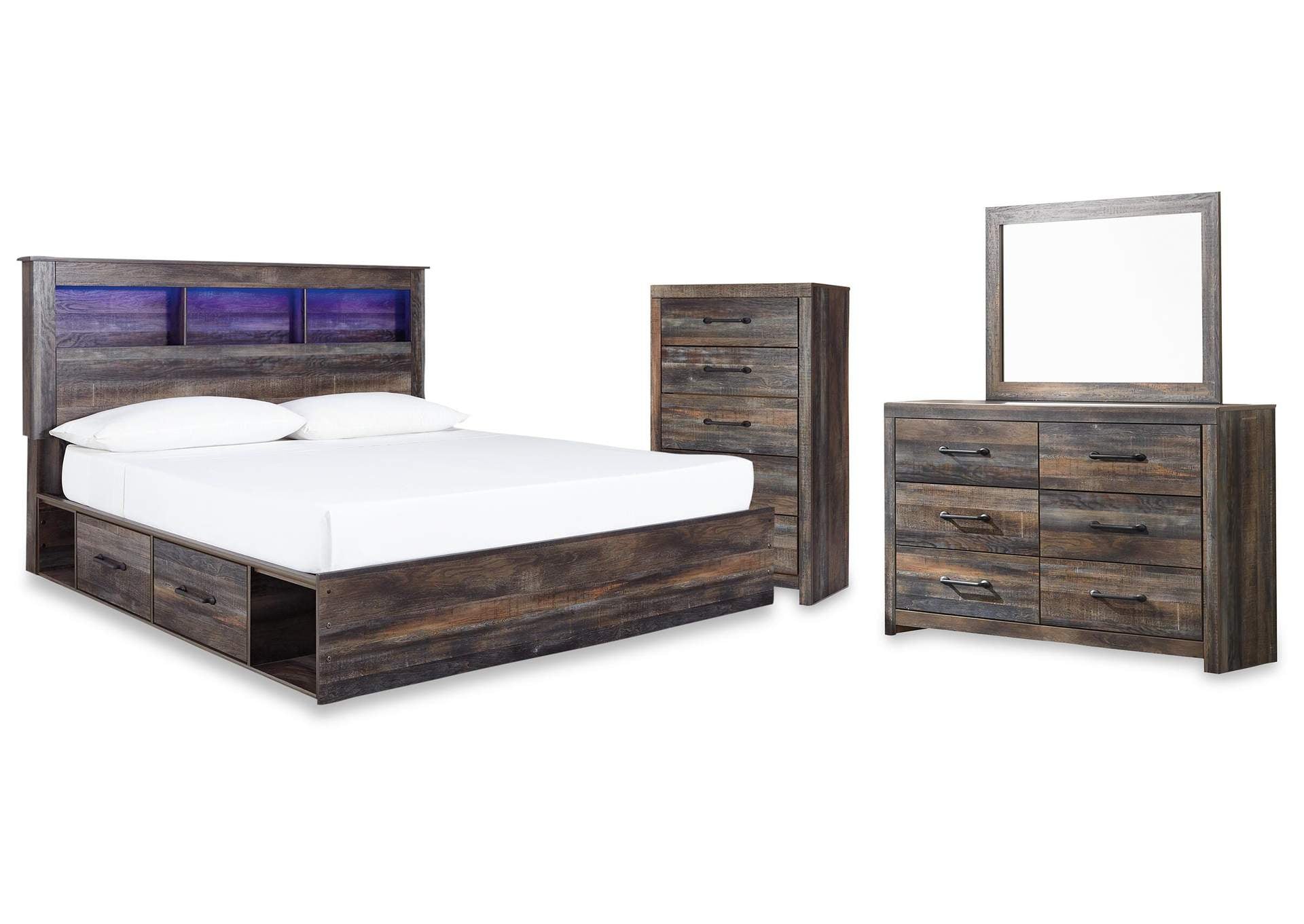 Drystan King Bookcase Bed with 2 Storage Drawers with Mirrored Dresser and Chest