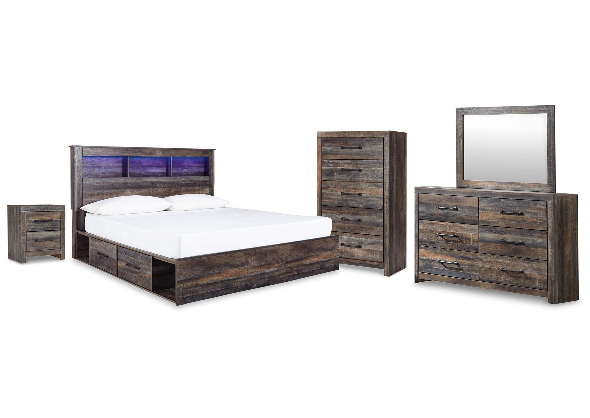 Drystan King Bookcase Bed with 2 Storage Drawers with Mirrored Dresser, Chest and Nightstand