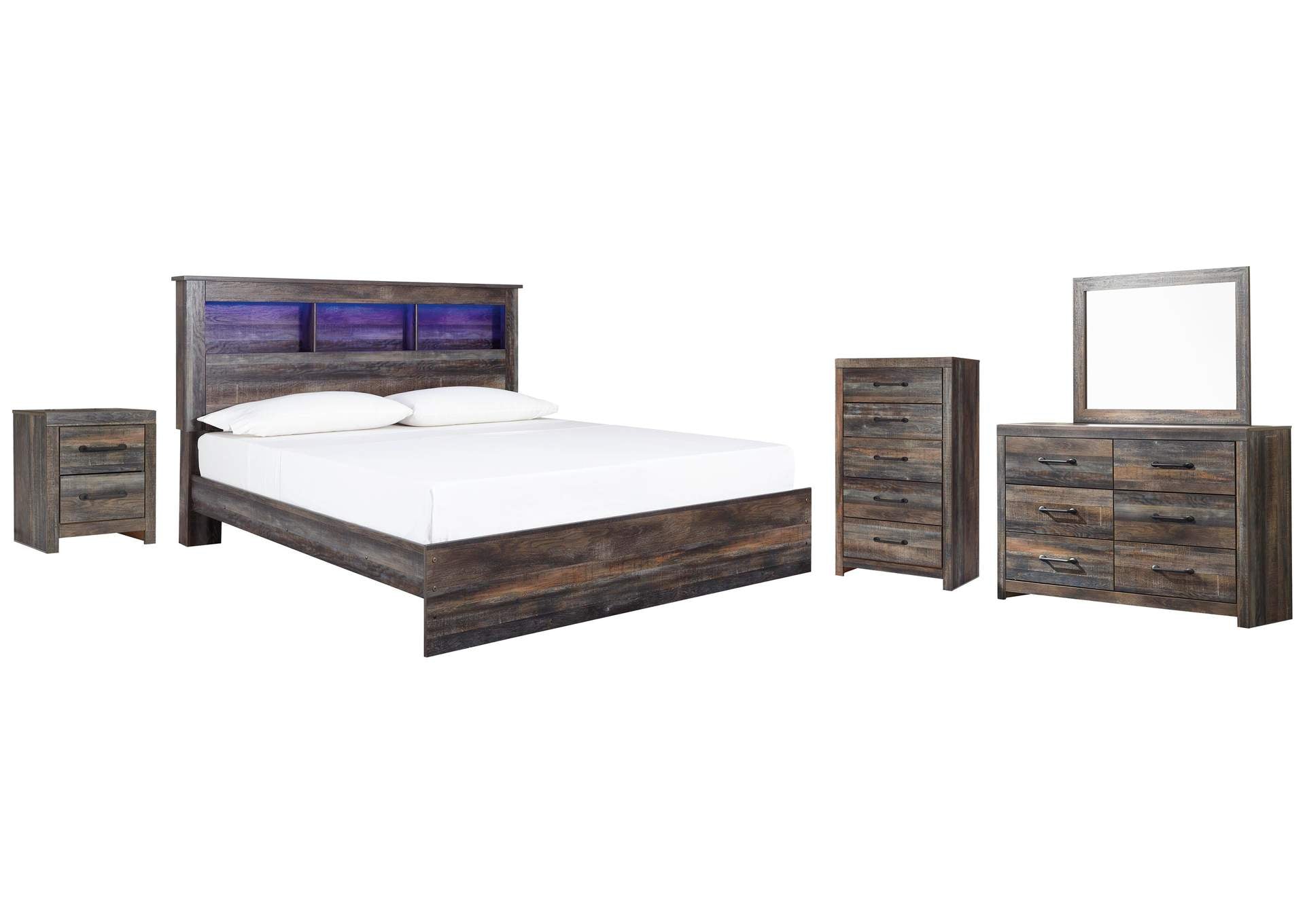 Drystan King Panel Bookcase Bed with Mirrored Dresser, Chest and Nightstand