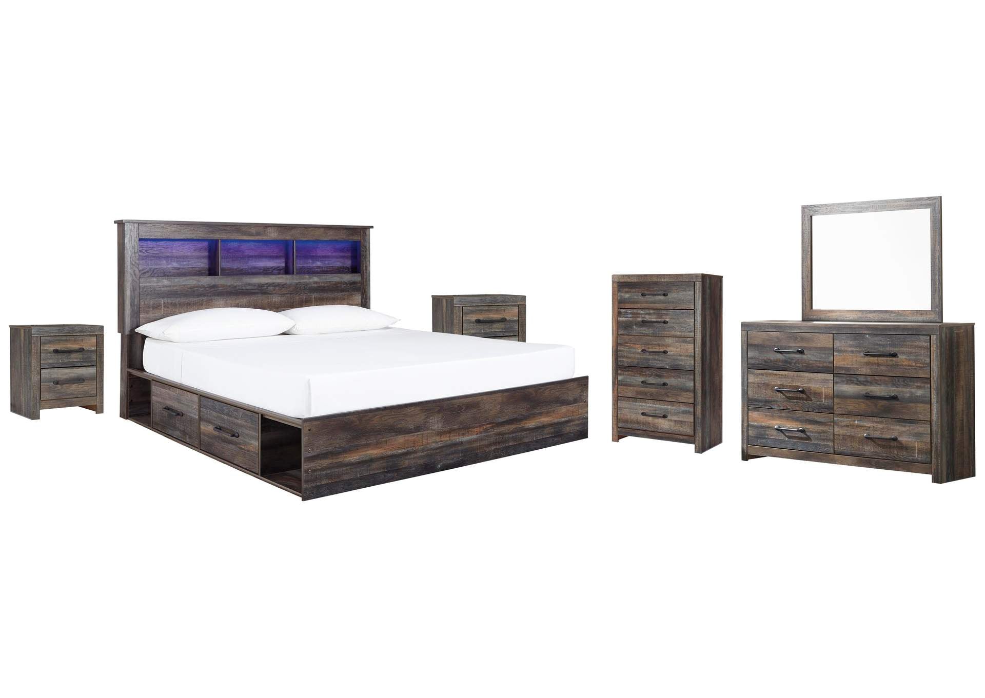Drystan King Bookcase Bed with 2 Storage Drawers with Mirrored Dresser, Chest and 2 Nightstands
