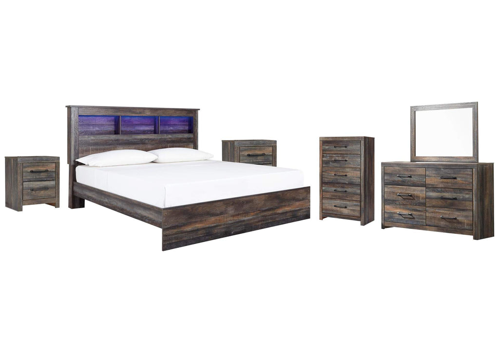 Drystan King Panel Bookcase Bed with Mirrored Dresser, Chest and 2 Nightstands