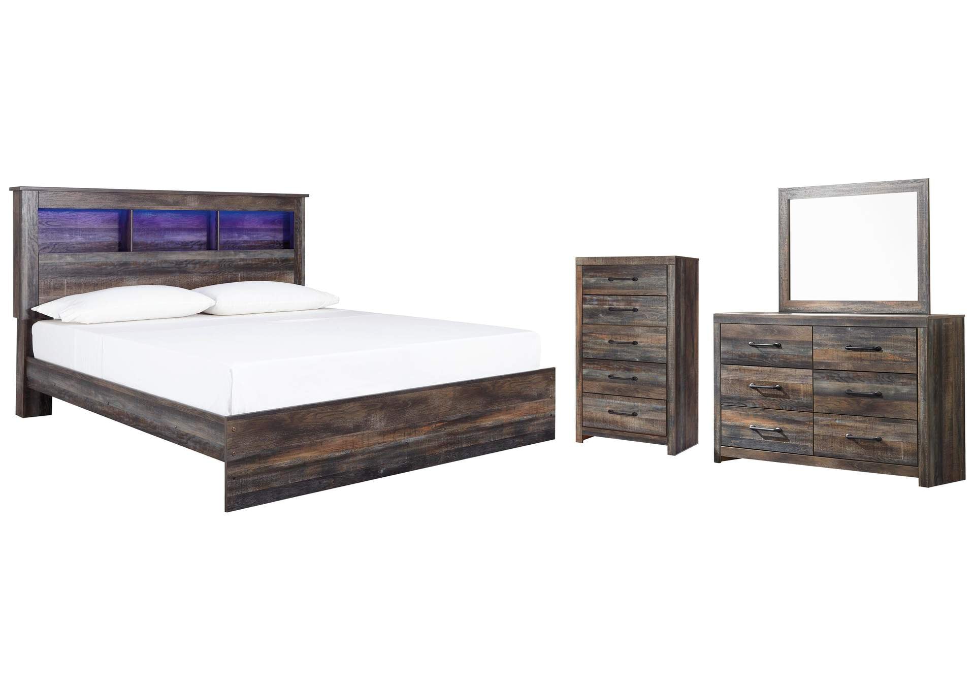 Drystan King Panel Bookcase Bed with Mirrored Dresser and Chest