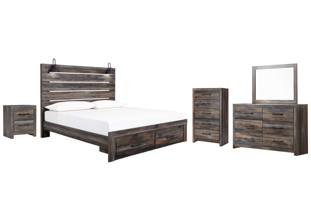 Drystan King Panel Bed with Storage with Mirrored Dresser, Chest and Nightstand