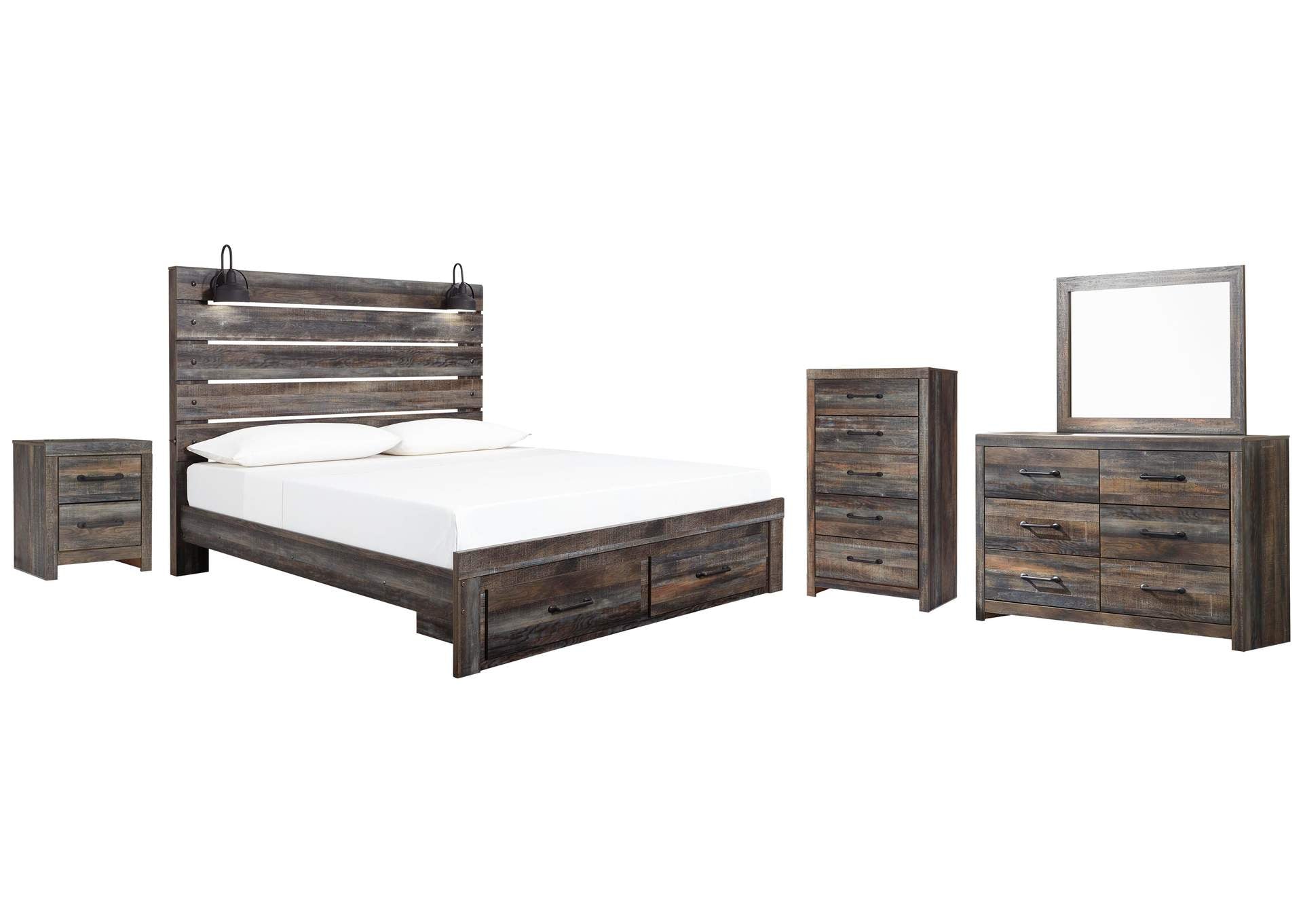Drystan King Panel Bed with Storage with Mirrored Dresser, Chest and Nightstand