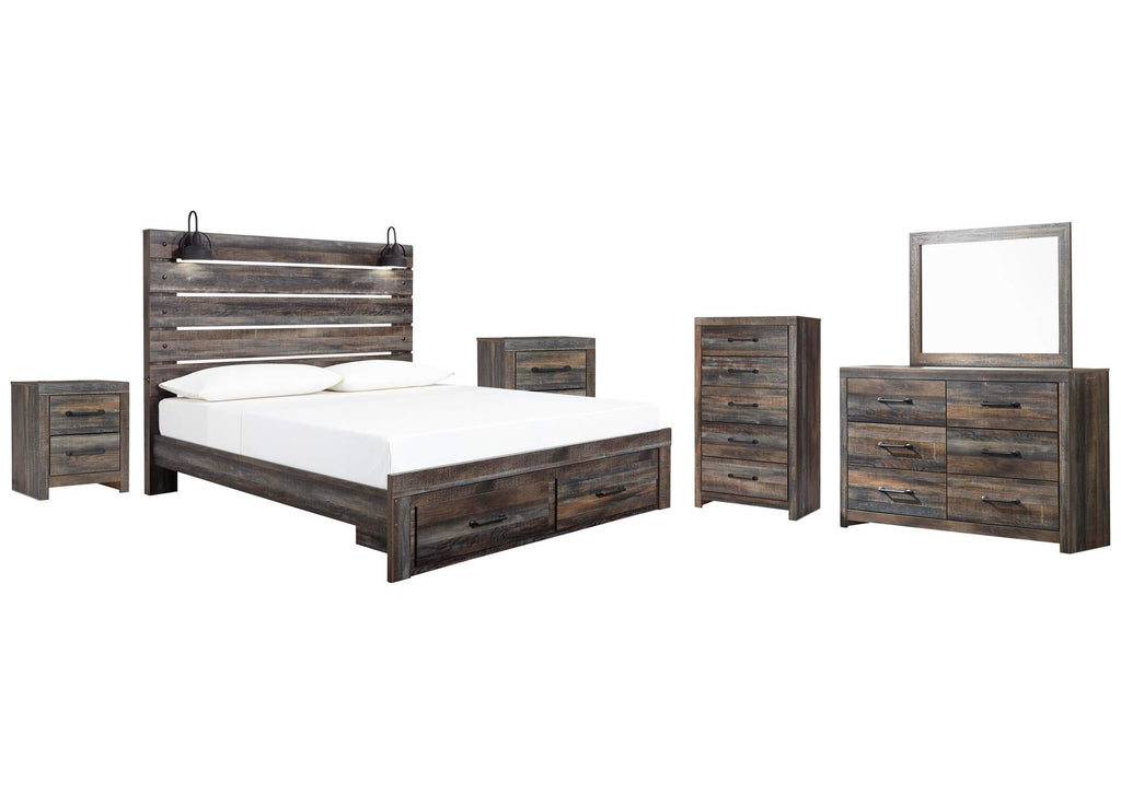 Drystan King Panel Bed with Storage with Mirrored Dresser, Chest and 2 Nightstands