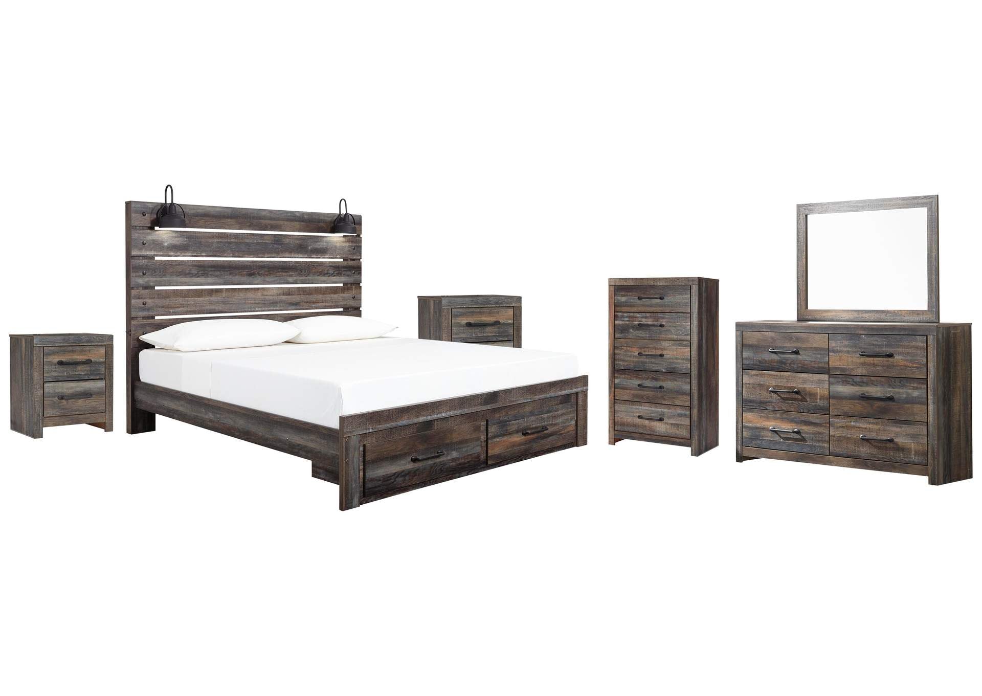 Drystan King Panel Bed with Storage with Mirrored Dresser, Chest and 2 Nightstands
