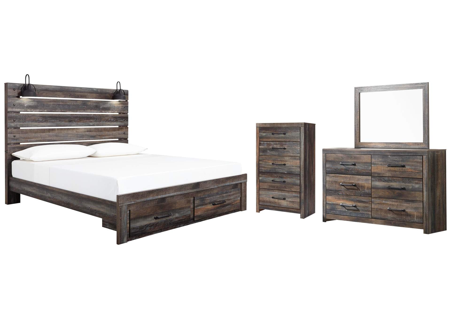 Drystan King Panel Bed with Storage with Mirrored Dresser and Chest