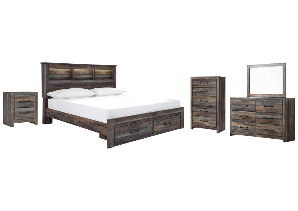 Drystan King Bookcase Bed with 2 Storage Drawers with Mirrored Dresser, Chest and Nightstand