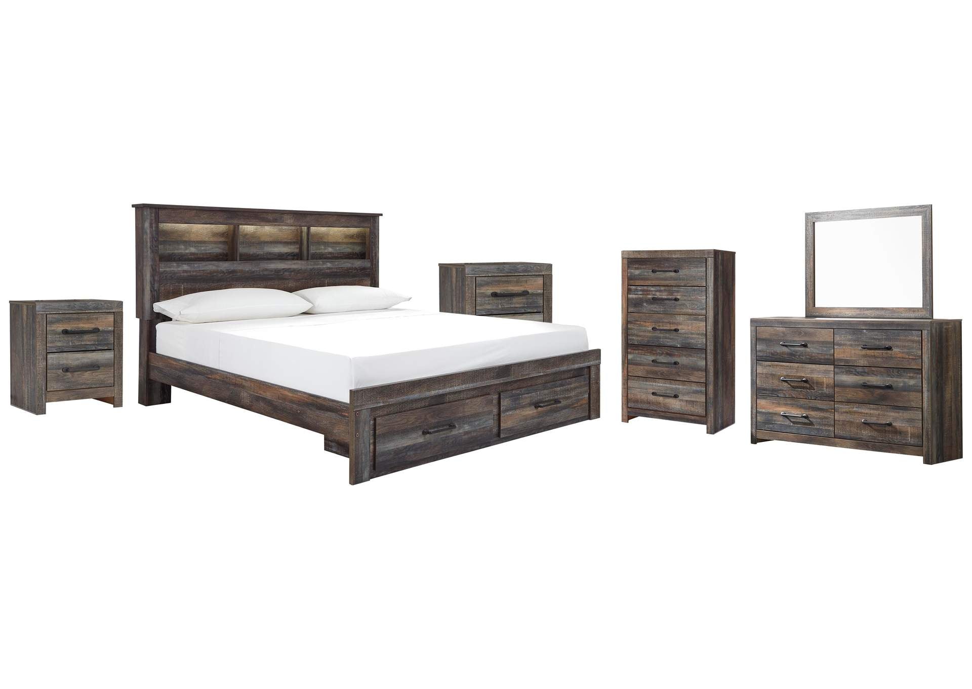 Drystan King Bookcase Bed with 2 Storage Drawers with Mirrored Dresser, Chest and 2 Nightstands