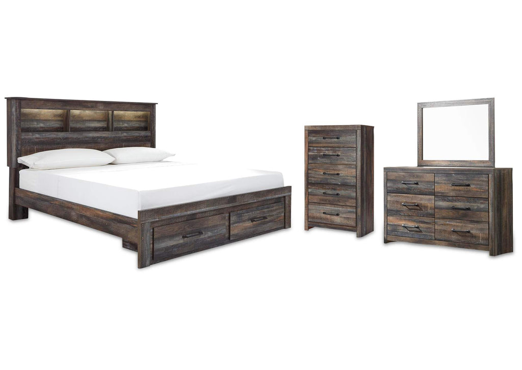 Drystan King Bookcase Bed with 2 Storage Drawers with Mirrored Dresser and Chest