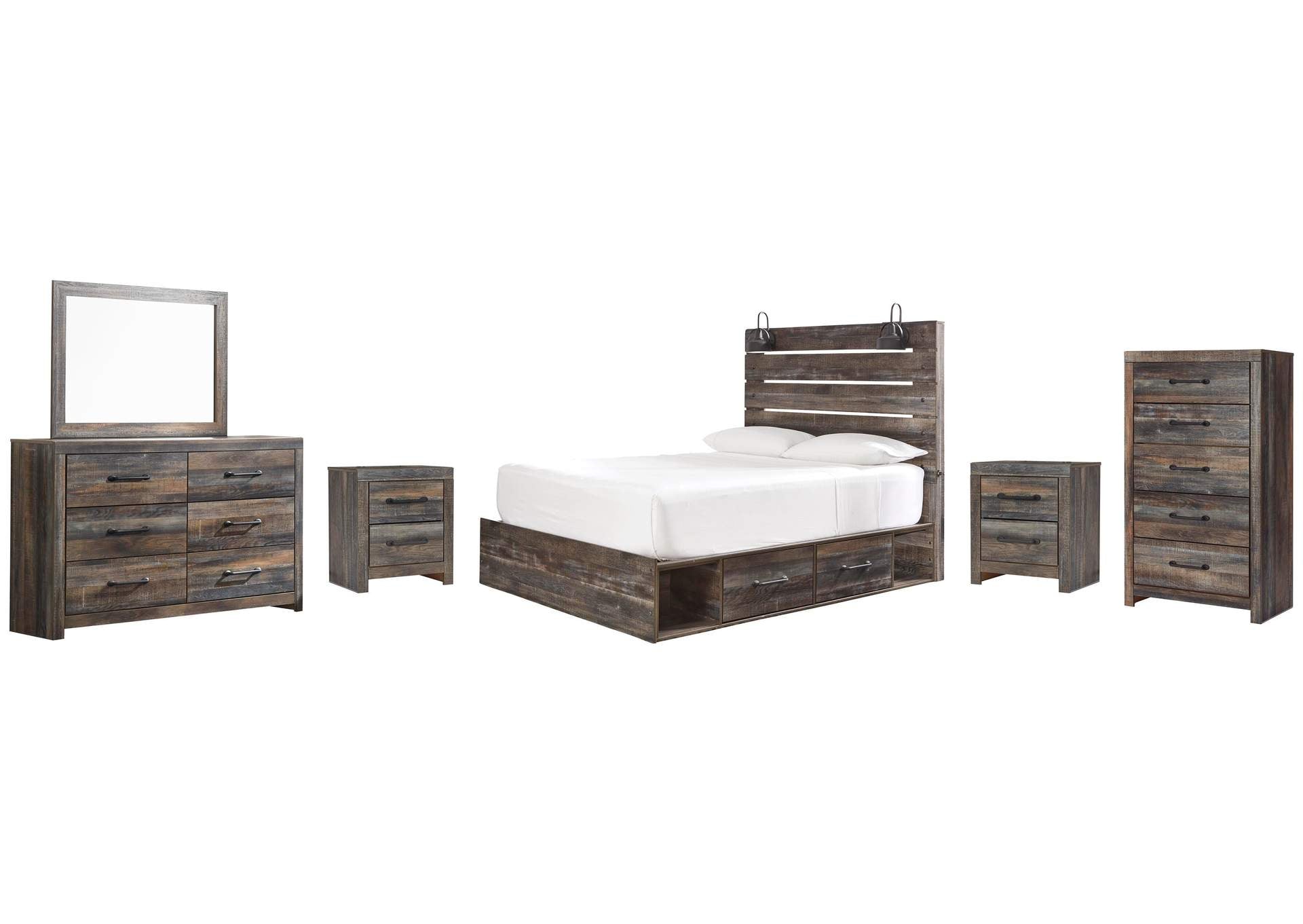 Drystan Queen Panel Bed with 4 Storage Drawers with Mirrored Dresser, Chest and 2 Nightstands