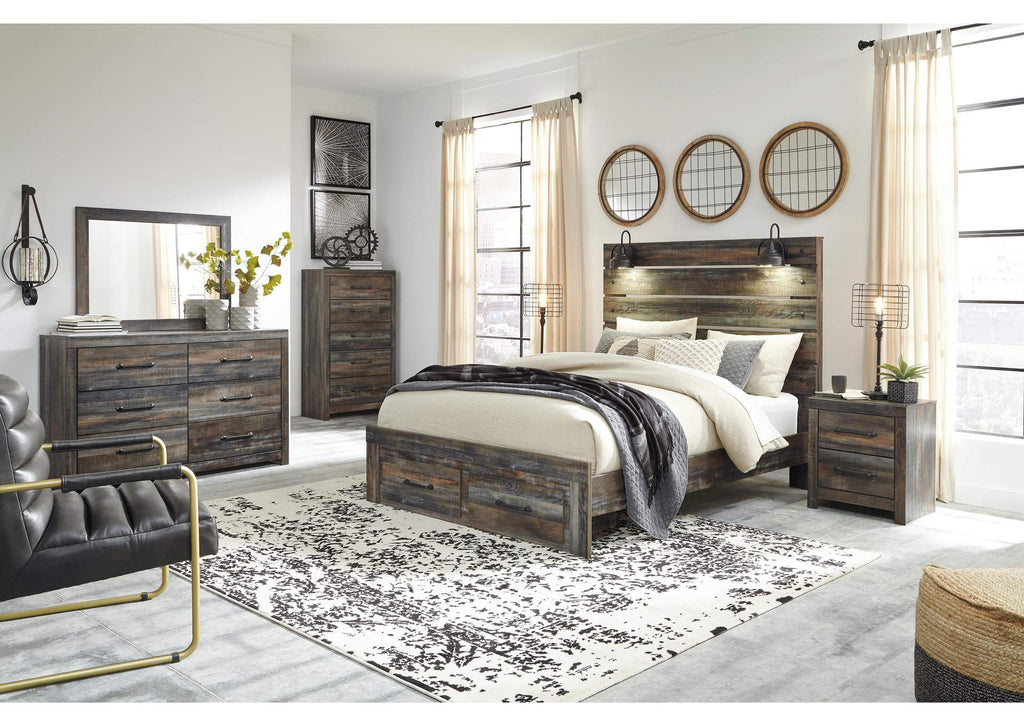 Drystan Queen Panel Bed with 2 Storage Drawers with Mirrored Dresser and Chest